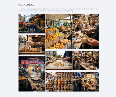 Urban Food Market masonry gallery layout with market and food photography.