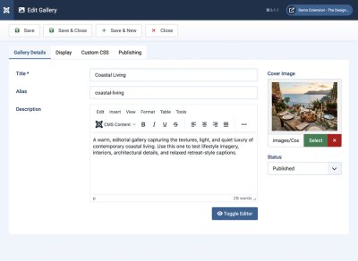GalleryLab Pro edit gallery form showing title, description, cover image, and status fields.