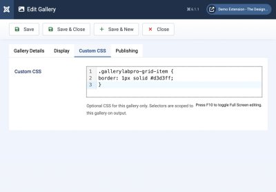 GalleryLab Pro custom CSS editor for a single gallery.