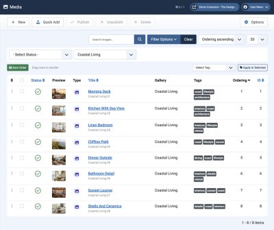 GalleryLab Pro media manager listing Coastal Living image records with thumbnails and tags.
