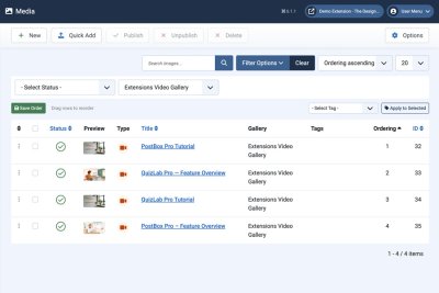 GalleryLab Pro media manager listing video records in an Extensions Video Gallery.