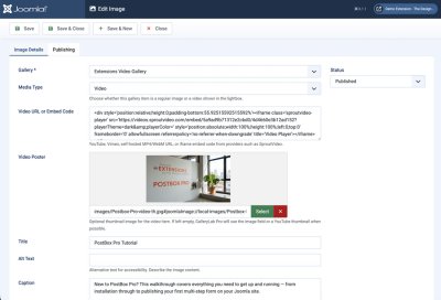 GalleryLab Pro video item editor showing embed code, poster image, title, and caption fields.
