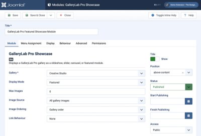 Joomla module editor showing GalleryLab Pro Featured Showcase setup options.