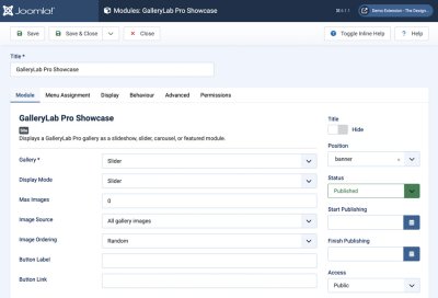Joomla module editor showing GalleryLab Pro slider module setup options.