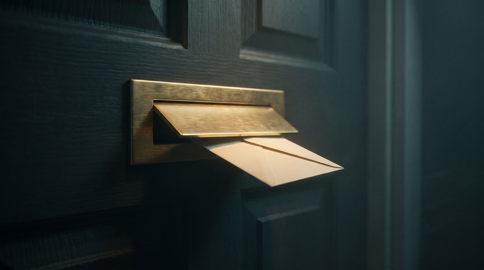 A brass letterbox on a dark front door at night with a single envelope half through the slot
