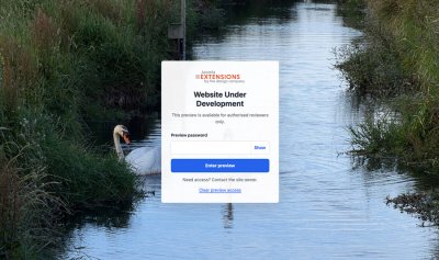 PreviewLab frontend password gate over a waterway background image with logo, password field, and enter preview button.