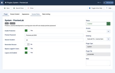 Joomla plugin editor showing PreviewLab core settings including password, session duration, remember browser, and status controls.