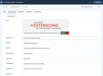 PreviewLab screen content settings showing logo selection and editable frontend gate text fields.