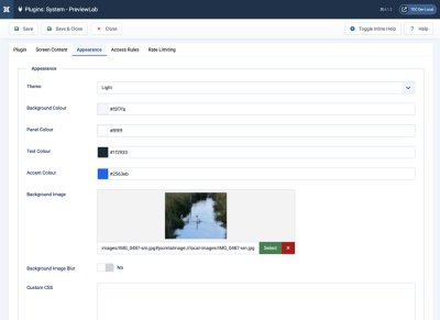 PreviewLab appearance settings showing theme, colour pickers, background image selection, blur option, and custom CSS field.