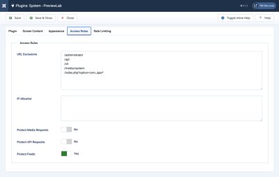 PreviewLab access rules settings showing URL exclusions, IP allowlist, and media, API, and feed protection toggles.