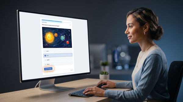 Woman sitting at computer filling in quiz