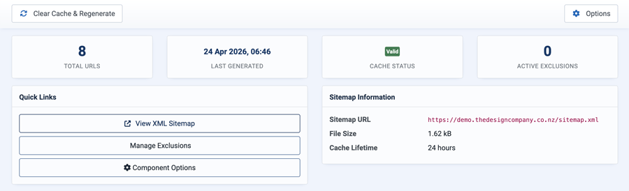SiteMapLab admin dashboard showing total URL count, cache status, last generated time, and file size