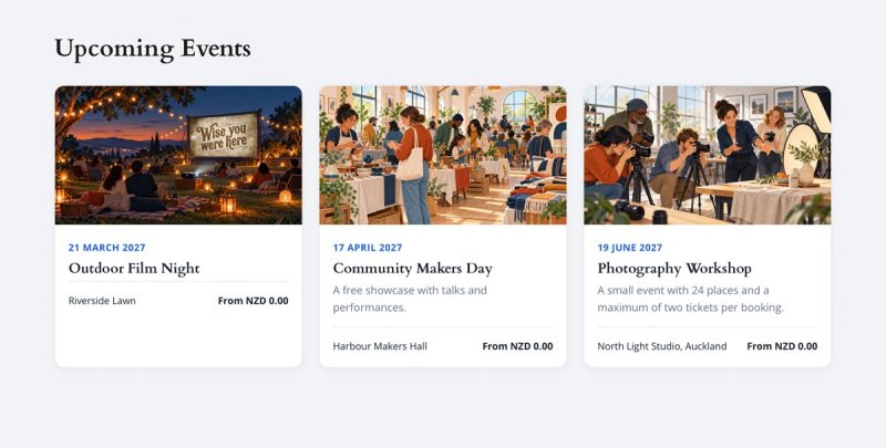 TicketLab Pro upcoming events page with cards for Outdoor Film Night, Community Makers Day and Photography Workshop.