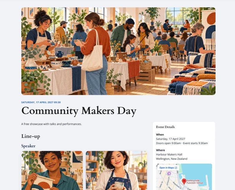 Community Makers Day event page showing the cover image, speaker line-up and event details card.