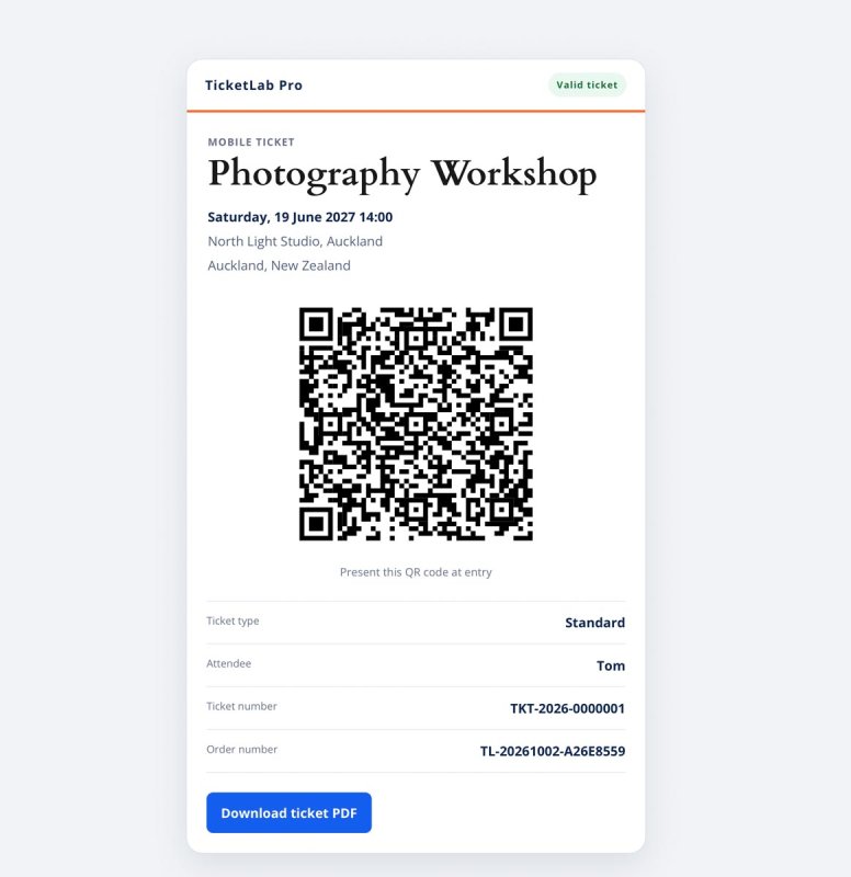 Mobile Photography Workshop ticket showing a QR code, event details, ticket information and PDF download button.