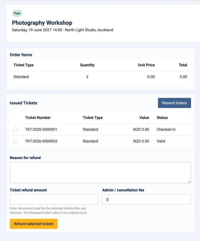 Administrator order detail for Photography Workshop showing two ticket statuses, resend action and refund fields.