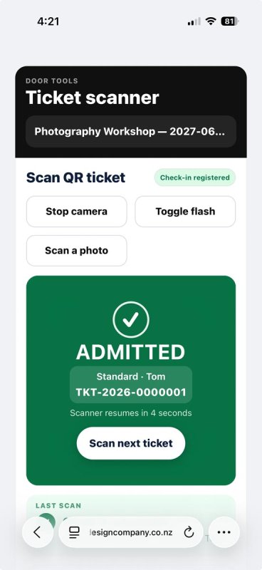 Mobile TicketLab Pro scanner showing an admitted Photography Workshop ticket and scan-next action.
