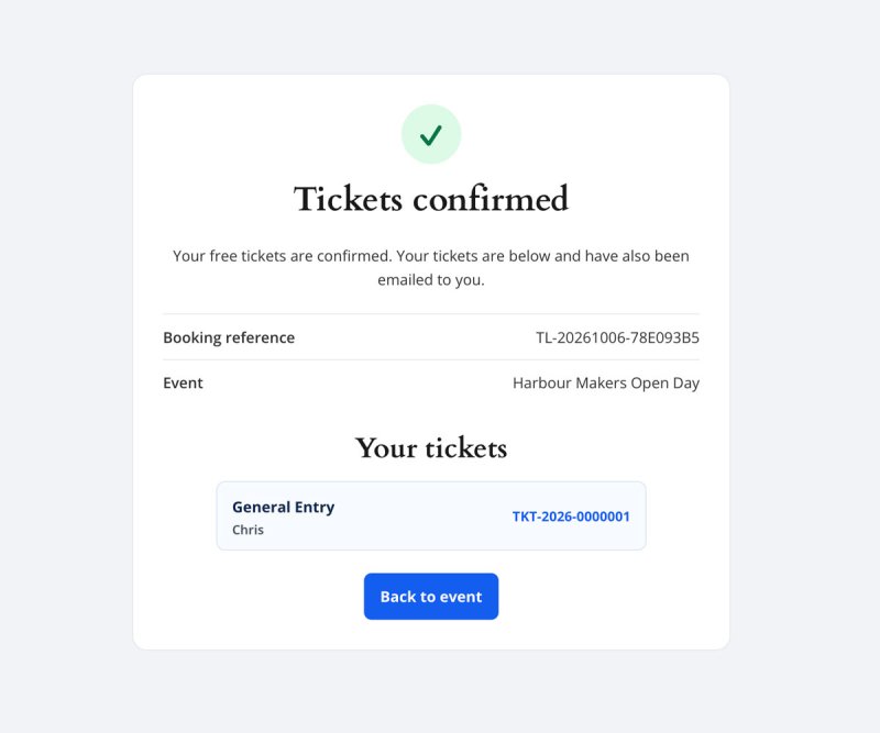 TicketLab confirmation page for Harbour Makers Open Day showing a booking reference and General Entry ticket link.