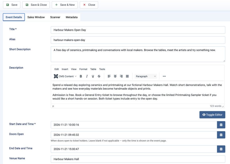 TicketLab event editor showing the Event Details tab for Harbour Makers Open Day.