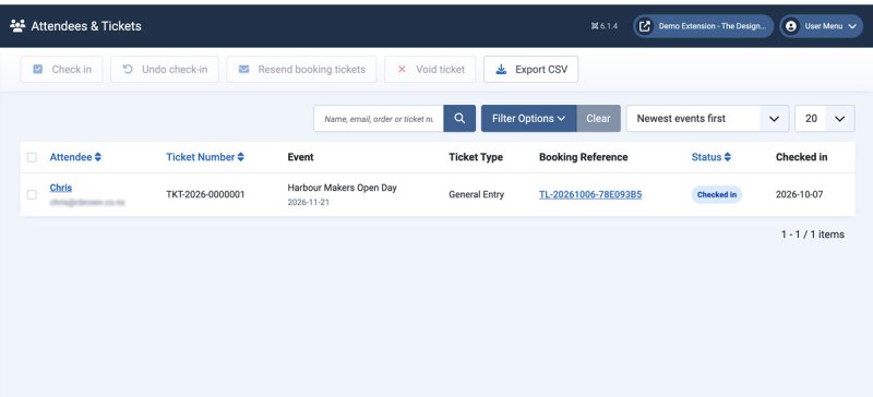 TicketLab administrator attendee list showing a checked-in General Entry ticket and CSV export action.