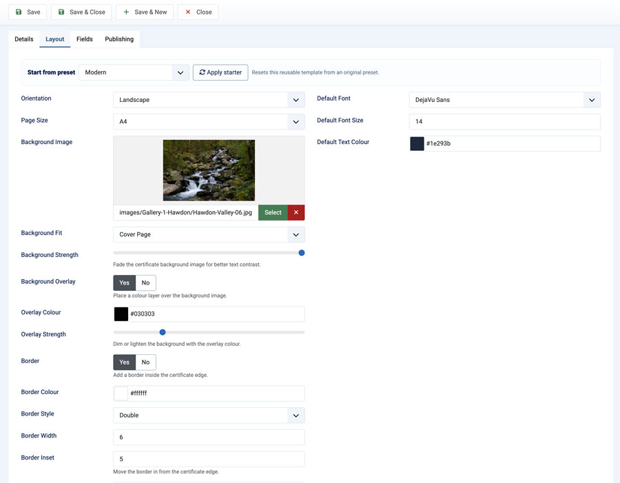 Certificate Template Layout Settings